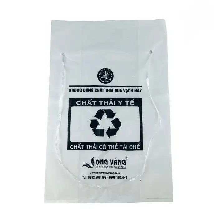 Túi rác y tế có dây rút tự hủy màu trắng, đựng chất thải tái chế chuẩn y tế Túi rác y tế có dây rút tự hủy màu trắng, đựng chất thải tái chế chuẩn y tế